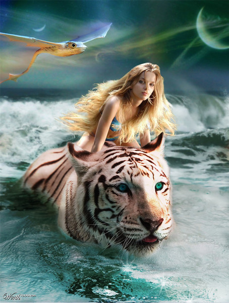 Woman riding tiger in surf